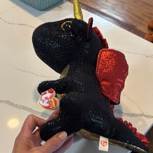 Ty Black and Gold Dragon Plush with Red Accents